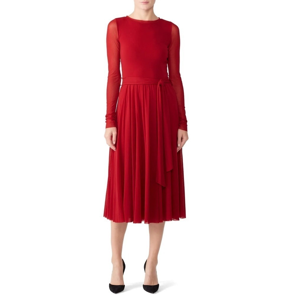 B33 Fuzzi Sheer Sleeve Red Midi Dress Women M  Long Sleeve Wedding Guest Party